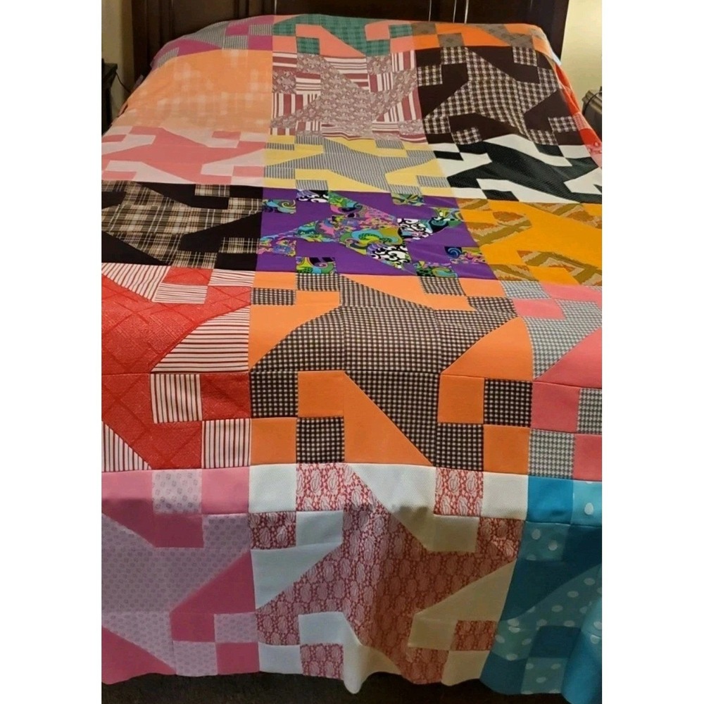 Vintage Handmade Crimplene Double Knit Patchwork Quilt Top 112x96 60s 70s Retro